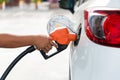 Man Refill and filling Oil Gas Fuel at station.Gas station - refueling.To fill the machine with fuel. Car fill with gasoline at a Royalty Free Stock Photo