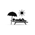 Man relax on beach under an umbrella on chaise-longue. Vector sea rest icon Royalty Free Stock Photo