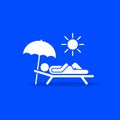 Man relax on beach under an umbrella on chaise-longue, white icon on blue background. Vector sea rest vacation symbol Royalty Free Stock Photo