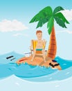 Man relax time in island. Businessman on desert island with palm