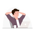 Man relaxed sitting on chair with his hands on head with laptop and coffee vector. Freelancer and passive income concept flat vect