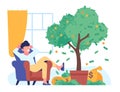 Man relaxes and gets money from passive income. Dollar banknotes tree. Successful investment. Male sitting in armchair