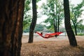 Man relaxes lying in the park on a hammock hanging on a tree on the background of the river embankment and bridge. A man lies on a