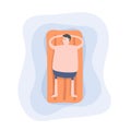 Man is relaxing on the air mattress floating in the swimming pool. Cartoon character. Royalty Free Stock Photo