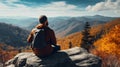 Man relaxing on autumn hiking trip. Man hiker standing on top of the mountain enjoying beautiful fall scenery. Smoky Mountains