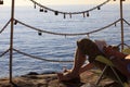 A man relaxing in the fishing village of Camogli, Gulf of Paradise, Portofino National Park, Genova, Liguria, Italy Royalty Free Stock Photo