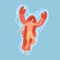 Man relaxing and floating on inflatable beach mattress in pool. Happy person swimming on rubber crab in water on summer