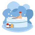 Man relaxing in a jacuzzi, spa accessories. a lot of foam. Soap bubbles fly. Vector illustration in flat cartoon style