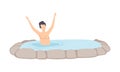 Man relaxing in outdoor jacuzzi, guy enjoying hot water in bath tub, spa procedure vector Illustration on a white