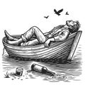 Man Relaxing in Rowboat Engraving Illustration