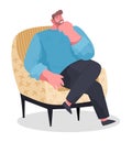 Man relaxing sitting in armchair, smiling adult thinking, dreaming, young guy put his leg on knee Royalty Free Stock Photo