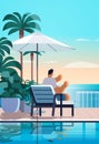 man relaxing at tropical luxury resort hotel beach swimming pool and poolside seating area summer vacation concept