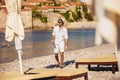 Man relaxing and use tablet computer at sea beach Royalty Free Stock Photo