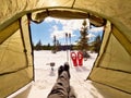 Man relaxing. Winter view from camping tent entrance out