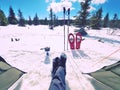 Man relaxing. Winter view from camping tent entrance out