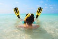 Man, relaxing in yellow black flippers fins and mask. Royalty Free Stock Photo