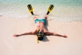 Man, relaxing in yellow black flippers fins and mask. Royalty Free Stock Photo