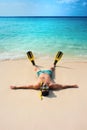 Man, relaxing in yellow black flippers fins and mask. Royalty Free Stock Photo