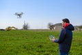 A man with a remote control in his hands. Flight control of the drone. Phantom Royalty Free Stock Photo