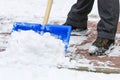 Man removing snow from the sidewalk after snowstorm Royalty Free Stock Photo