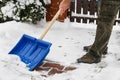 Man removing snow from the sidewalk after snowstorm Royalty Free Stock Photo