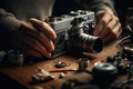 Man repair broken vintage film camera