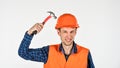 Man repair master knoking own head claw hammer, blockhead concept