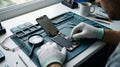 Man is repairing cell phone. He is wearing gloves Royalty Free Stock Photo