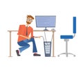 Man in glasses repairing a computer or connect it to the network. Service repair of computers. Vector illustration