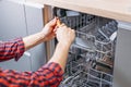 Man repairing dishwasher. Male hand with screwdriver installs kitchen appliances