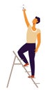 Man repairing and fixing problems at home handyman on ladder