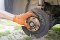 Man is repairing front suspender of a car