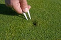 Man Repairs Divot on Golf Green - Horizontal Royalty Free Stock Photo