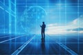 Man representing global connection and technology with holographic interface with data. Advanced Artificial Intelligence Royalty Free Stock Photo