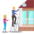 Man Rescuing Cat on Roof Flat Vector Illustration