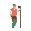 Man researcher cartoon character engaged geodetic measurements using tacheometer special equipment