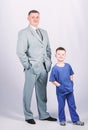 Man respectable businessman and little kid doctor uniform. Family business. Doctor respectable career. Dad boss. Father