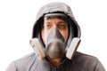 A man in a respirator mask with an increased degree of protection against harmful environmental factors. Full face mask