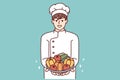 Man restaurant chef holds plate with fresh vegetables offering to make vegetable salad. Vector image