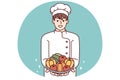 Man restaurant chef holds plate with fresh vegetables offering to make vegetable salad. Vector image