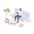 Man resting at home after work isometric vector. Male character in living room on comfortable couch reads web book.