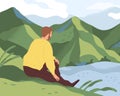 Man resting in nature alone. Thoughtful person sitting on river bank, looking at water and thinking about life in Royalty Free Stock Photo