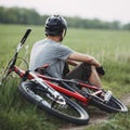 Man resting sitting at the roadside with bicycle Royalty Free Stock Photo