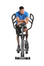 Man resting after training on modern elliptical machine against white background Royalty Free Stock Photo