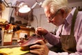 Man Restoring Violin In Workshop