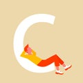 A man rests lying on a large C. A flat cartoon character with an upper case letter. Vector illustration. Eps 10.