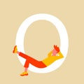 A man rests lying on a large the letter O. Flat cartoon character with an upper case letter. Vector illustration. Eps 10