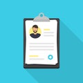 Man resume document in clipboard in a flat design with long shadow