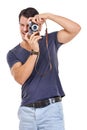 Man, retro and camera portrait of a young photographer holding equipment or creative on isolated and transparent png Royalty Free Stock Photo