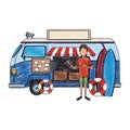 Man with retro van and luggage inside scribble